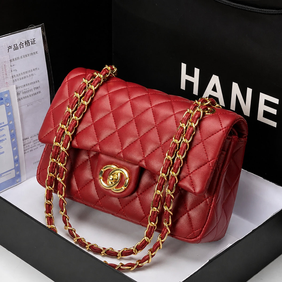 Quilted Flap Shoulder Bag with Woven Chain Strap