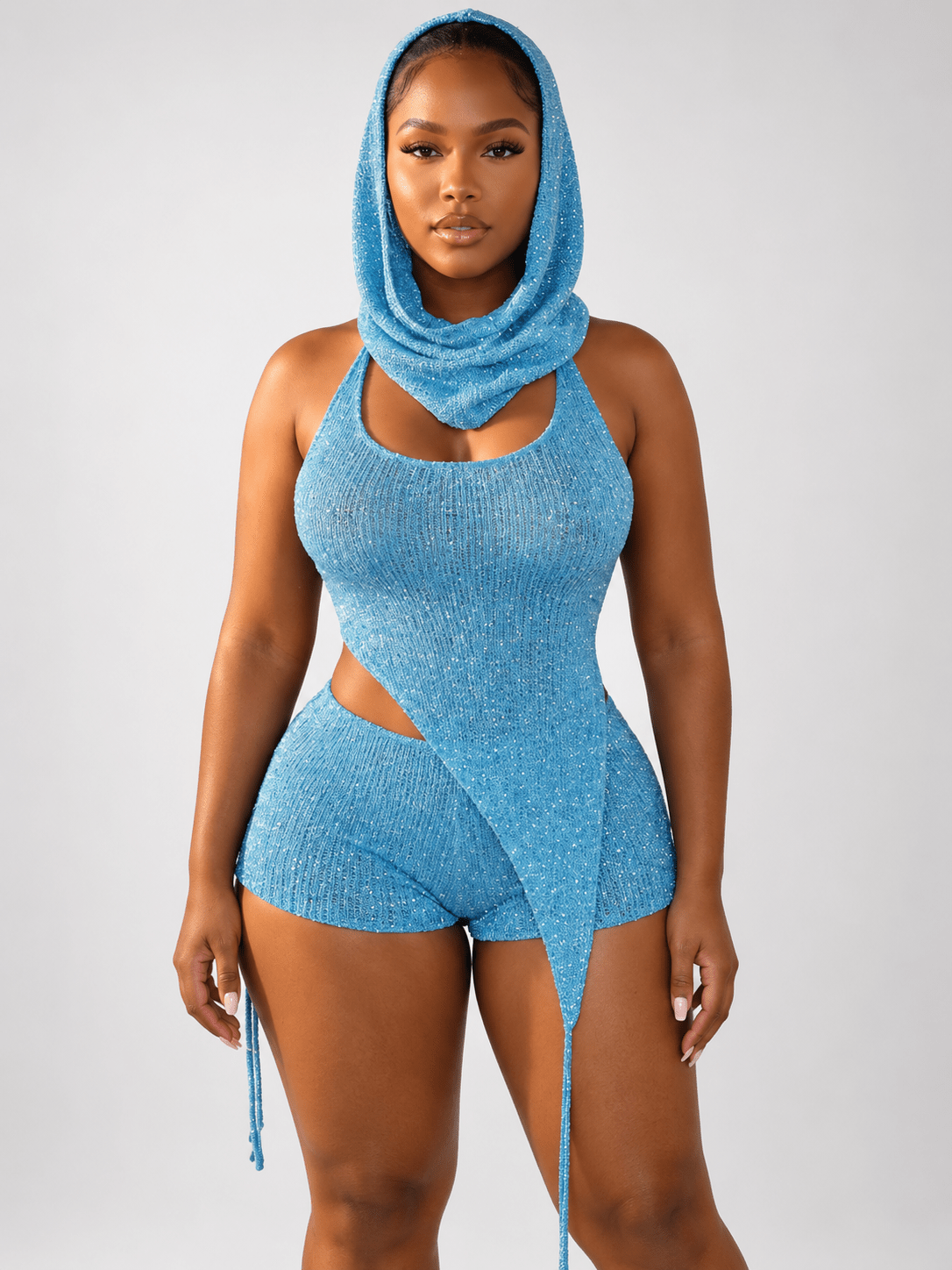 Women's Cutout Crop Top, High Waist Shorts and Wrap Scarf Three-Piece Set