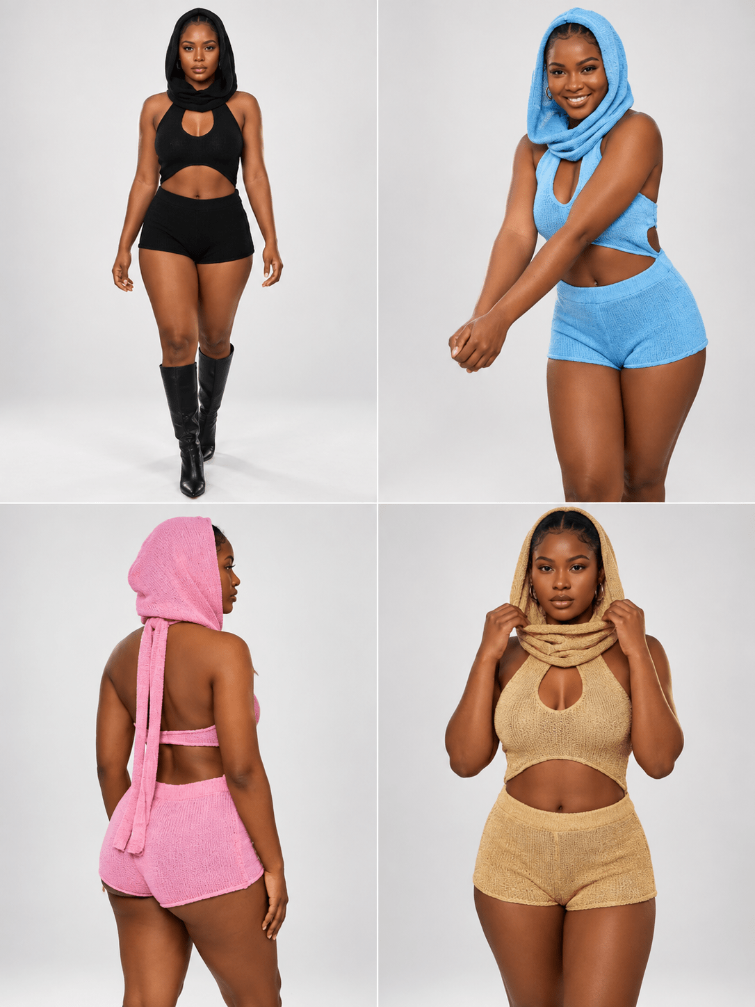 Women's Cutout Crop Top, High Waist Shorts and Wrap Scarf Three-Piece Set