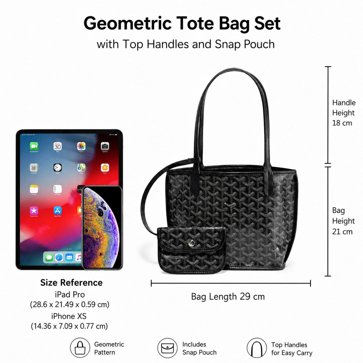 Geometric Tote Bag Set with Top Handles, Shoulder Strap, and Snap-Closure Pouch