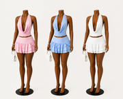 Women's Draped Cowl Neck Halter Crop Top and Tiered Ruffle Mini Skirt Set