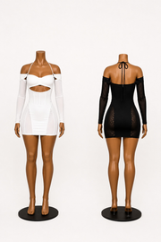 Mesh Halter Neck Bodycon Mini Dress with Cold Shoulder Long Sleeves and Midriff Cutout
