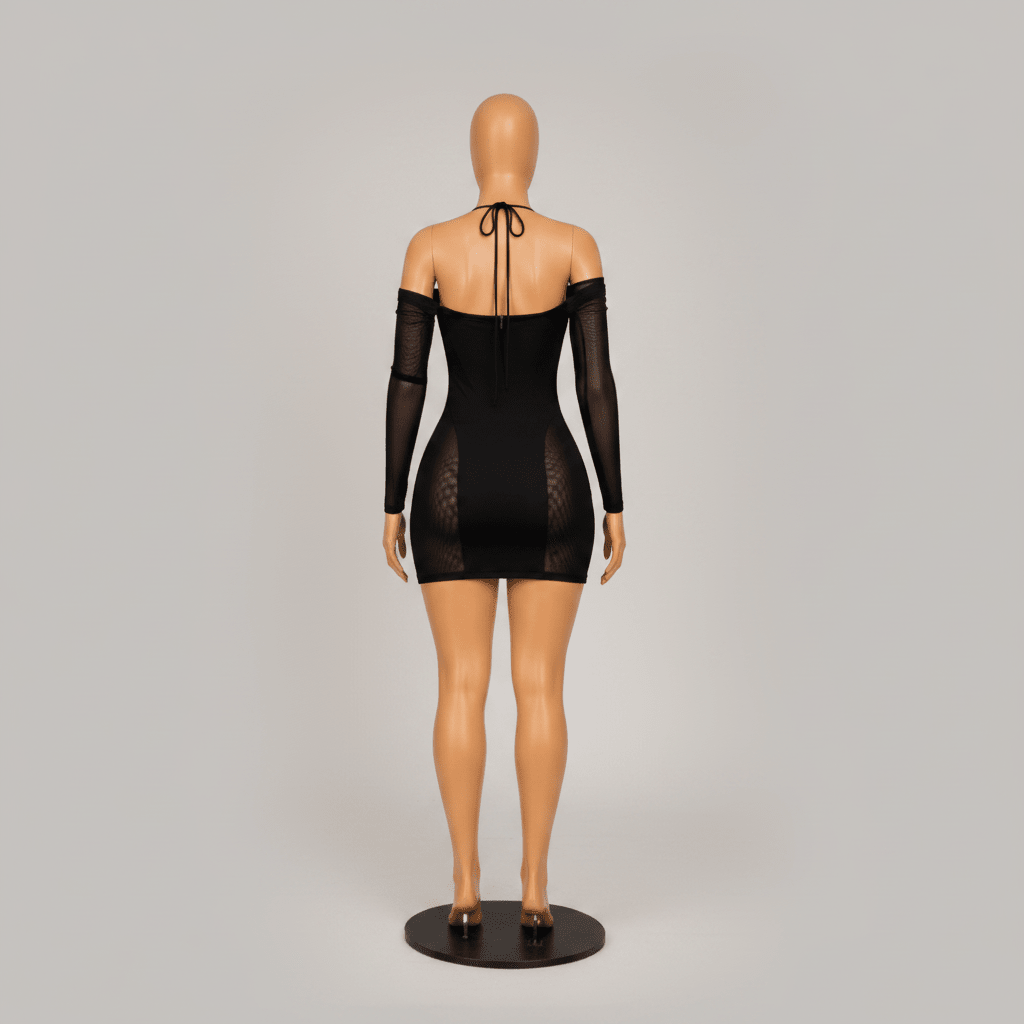 Mesh Halter Neck Bodycon Mini Dress with Cold Shoulder Long Sleeves and Midriff Cutout