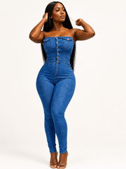 Women's Strapless Slim Fit Jumpsuit with Front Button Placket