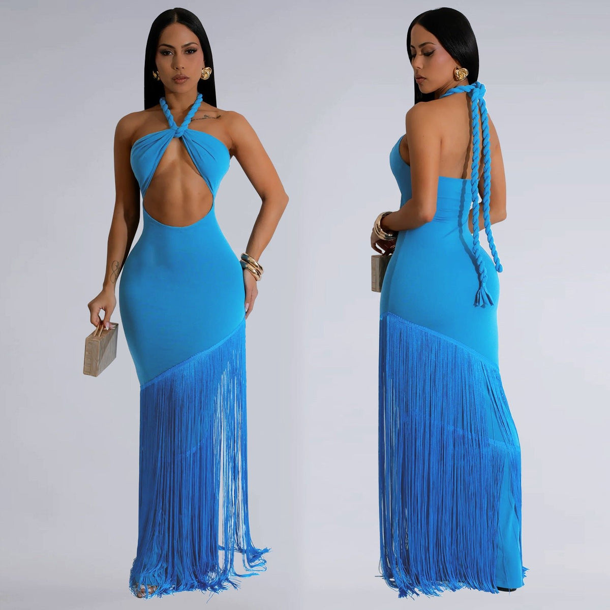 Women's Twisted Halter Cutout Maxi Dress with Fringe Hem