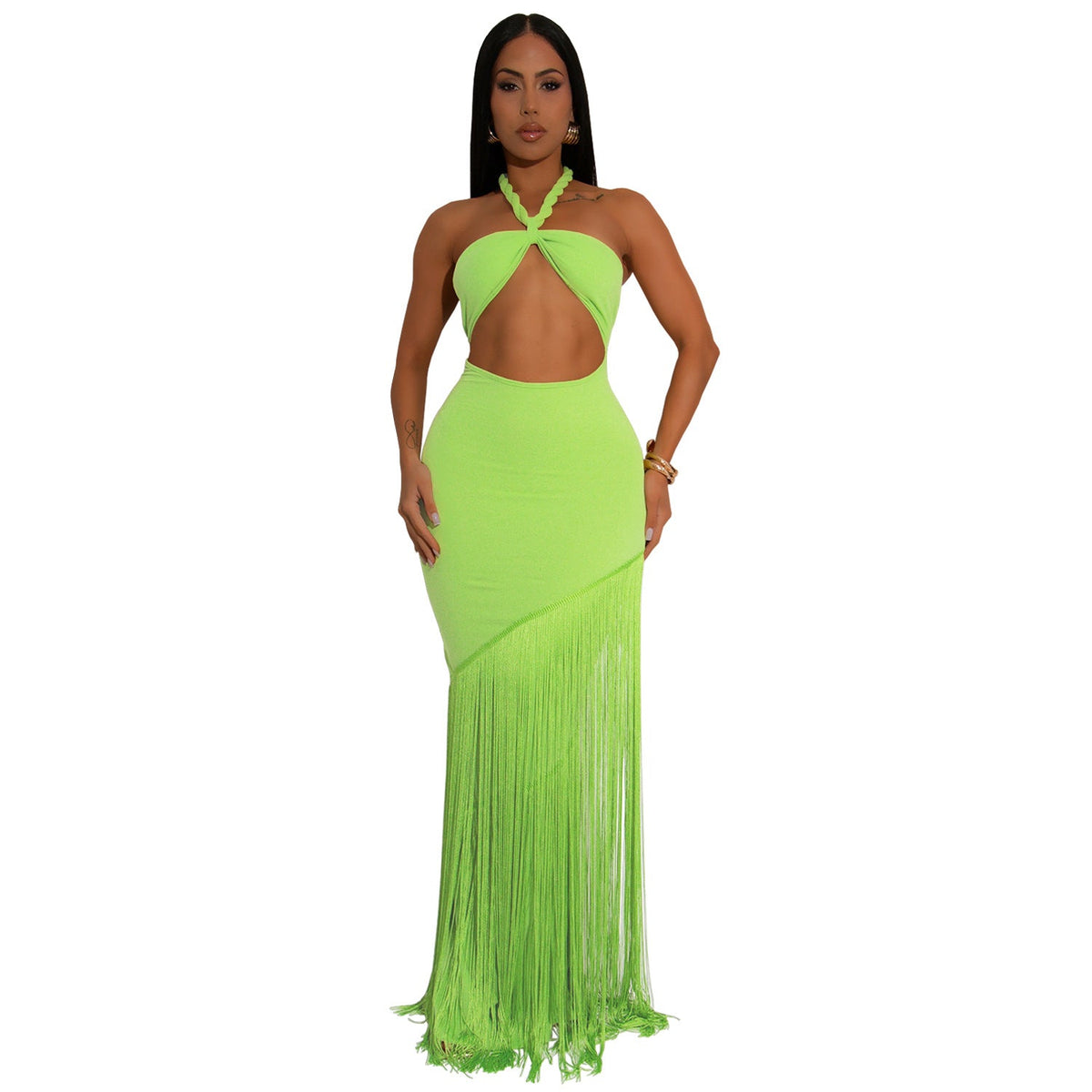 Women's Twisted Halter Cutout Maxi Dress with Fringe Hem