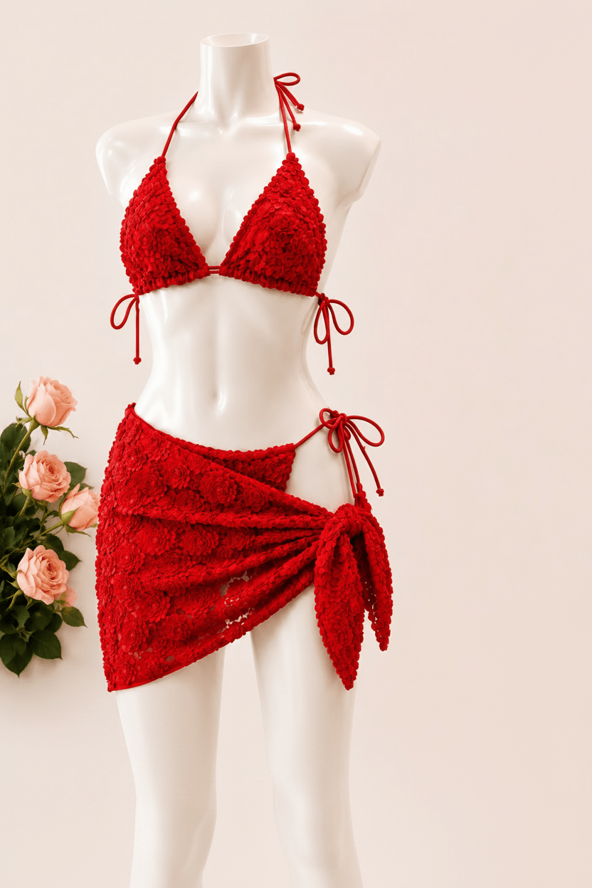 Three Piece Textured Halter Bikini Set with Tie Side Wrap Skirt