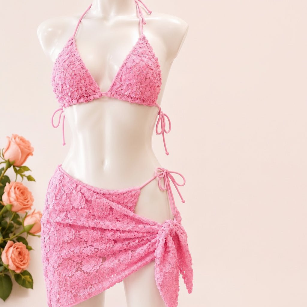 Three Piece Textured Halter Bikini Set with Tie Side Wrap Skirt
