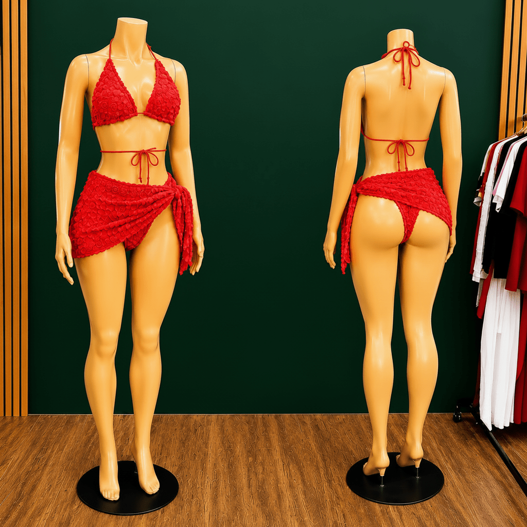 Three Piece Textured Halter Bikini Set with Tie Side Wrap Skirt