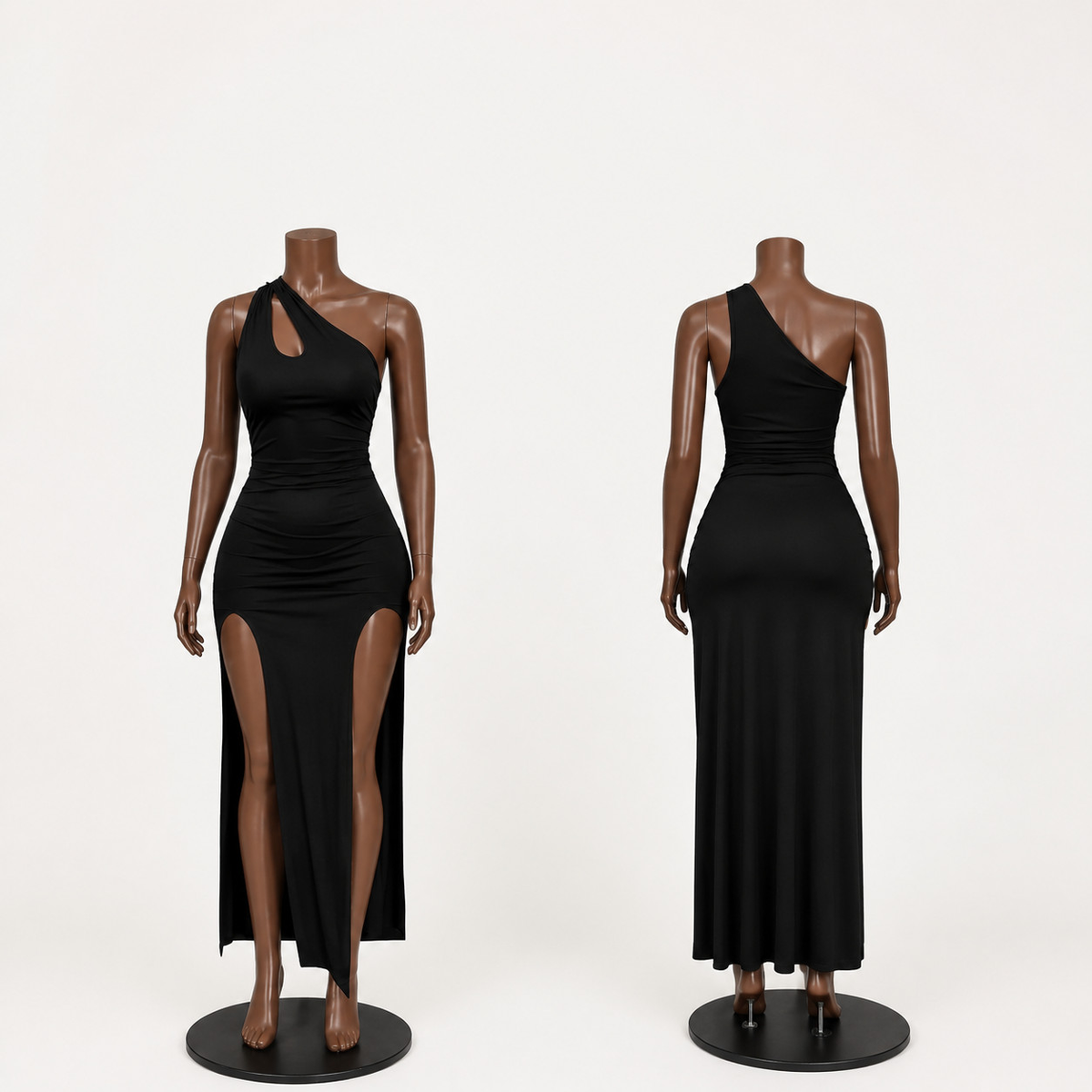 One Shoulder Cutout Ruched Double Slit Evening Gown