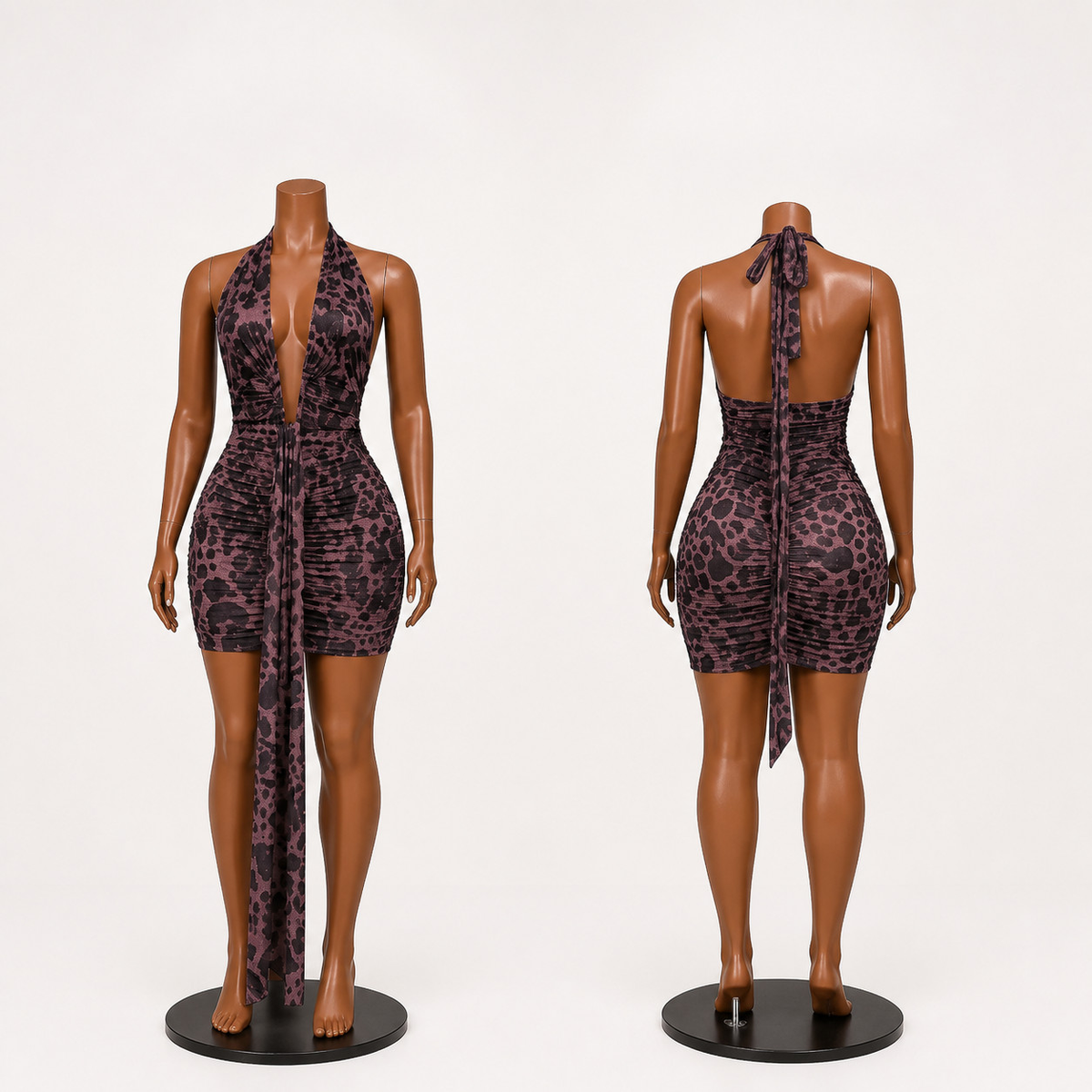 Halter Ruched Mermaid Gown with Draped Front and Plunging Neckline