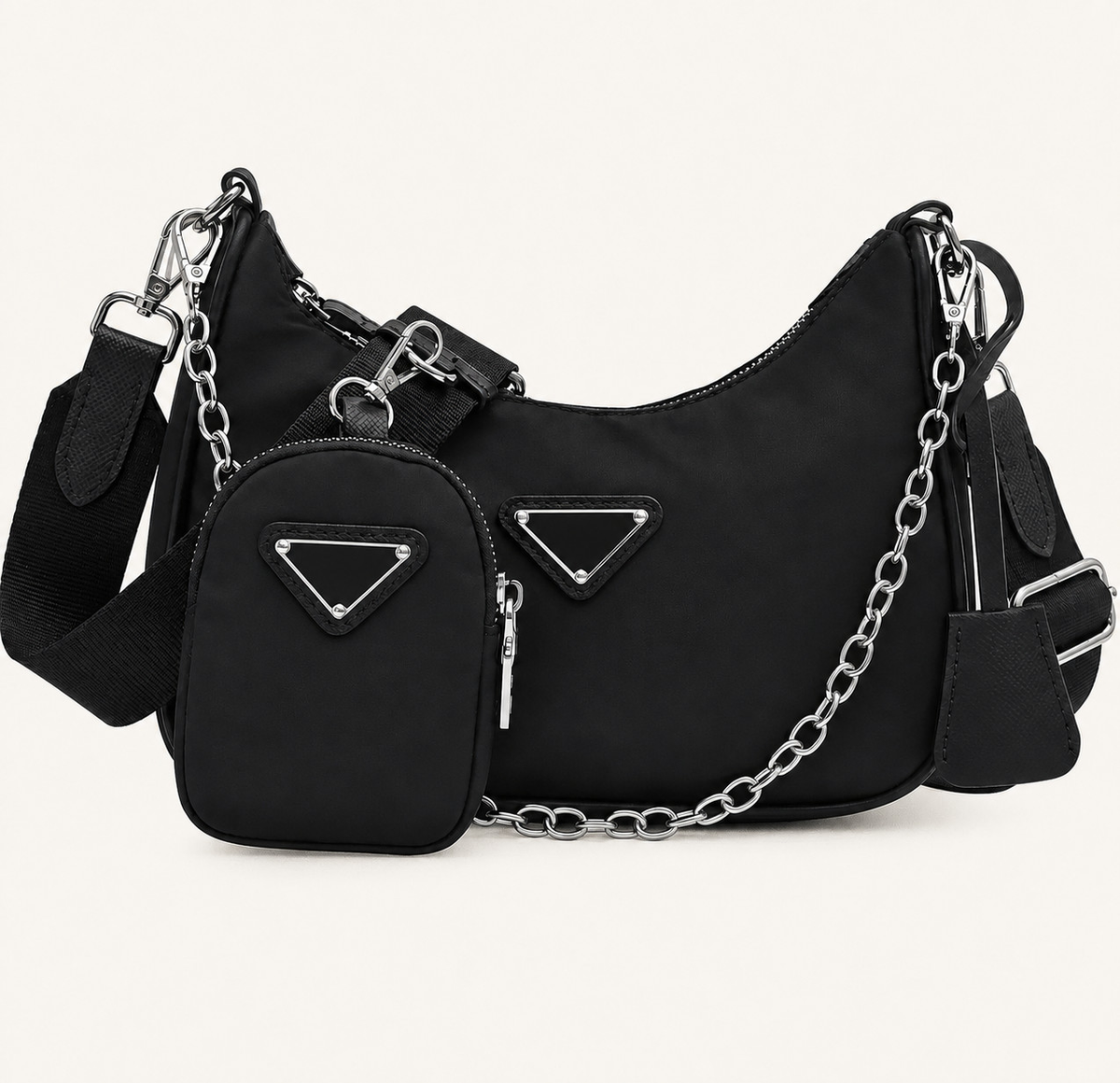 Convertible Hobo Handbag with Detachable Pouches and Chain Strap