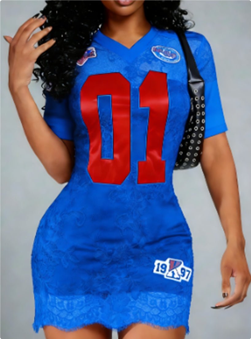 Women's V-Neck Sports Graphic Fitted Mini Dress with Short Sleeves and Lace Overlay