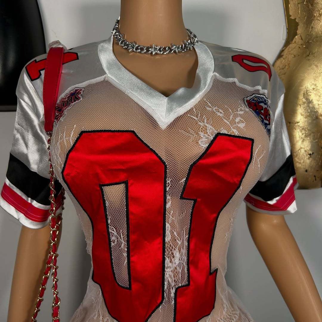 Women's V-Neck Sports Graphic Fitted Mini Dress with Short Sleeves and Lace Overlay