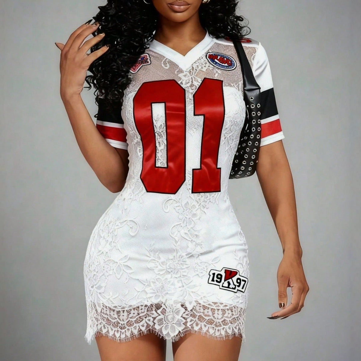 Women's V-Neck Sports Graphic Fitted Mini Dress with Short Sleeves and Lace Overlay
