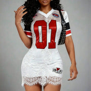 Women's V-Neck Sports Graphic Fitted Mini Dress with Short Sleeves and Lace Overlay