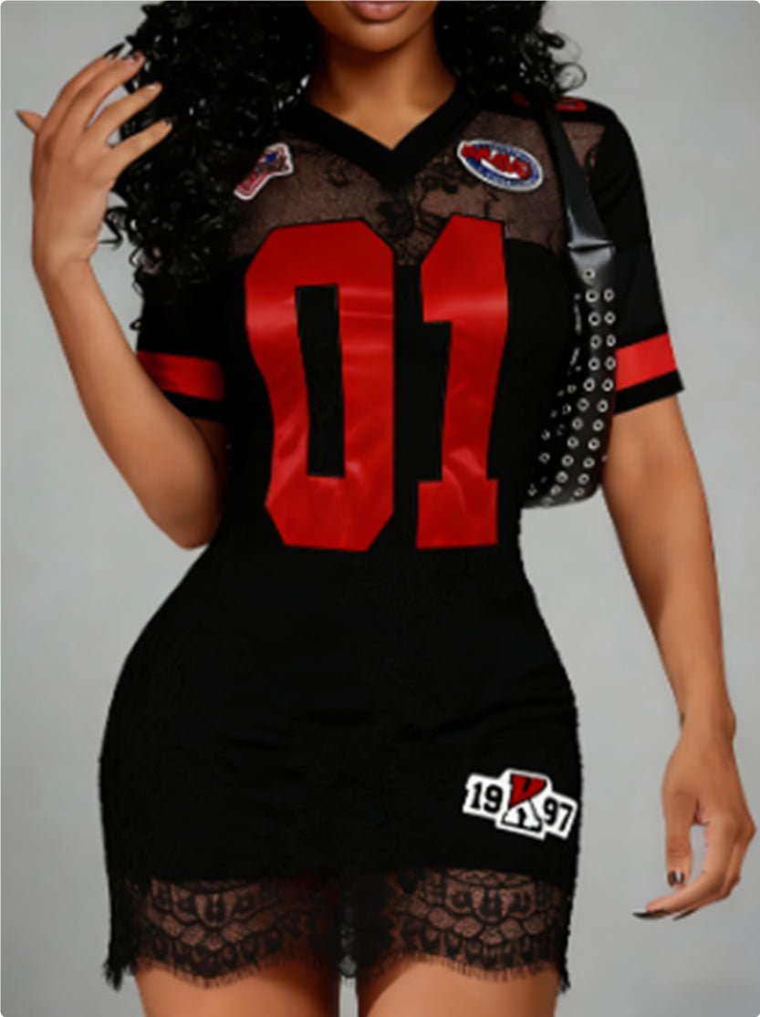 Women's V-Neck Sports Graphic Fitted Mini Dress with Short Sleeves and Lace Overlay