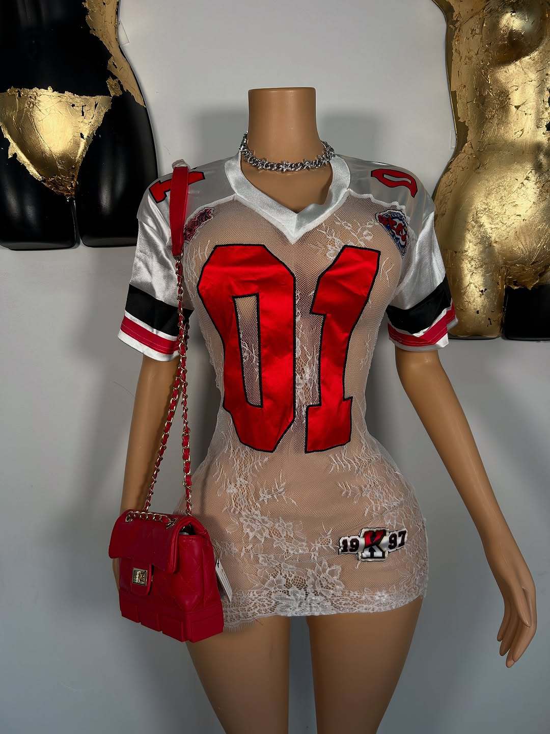 Women's V-Neck Sports Graphic Fitted Mini Dress with Short Sleeves and Lace Overlay