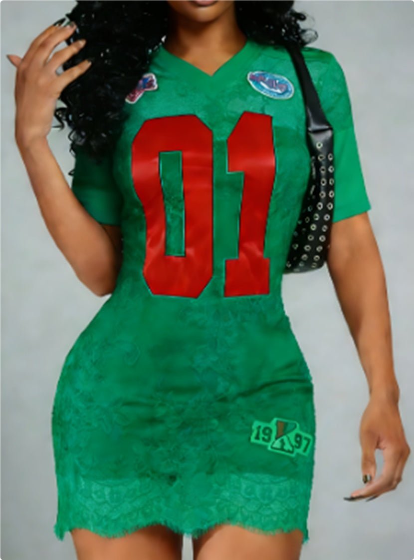 Women's V-Neck Sports Graphic Fitted Mini Dress with Short Sleeves and Lace Overlay