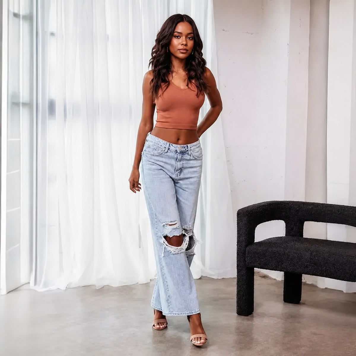 Women's High Waist Wide Leg Ripped Jeans