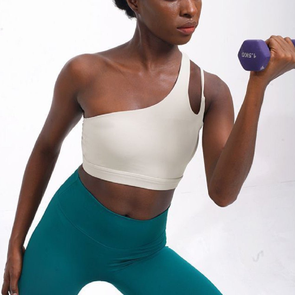 Women's One Shoulder Sports Bra with Open Back and Built In Pad