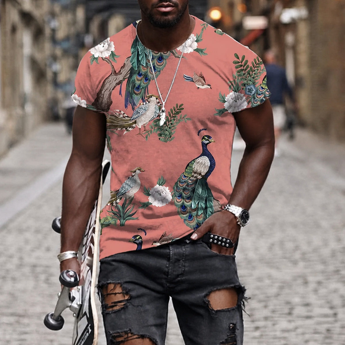 Men's Crew Neck Short Sleeve Botanical Bird Print T-Shirt