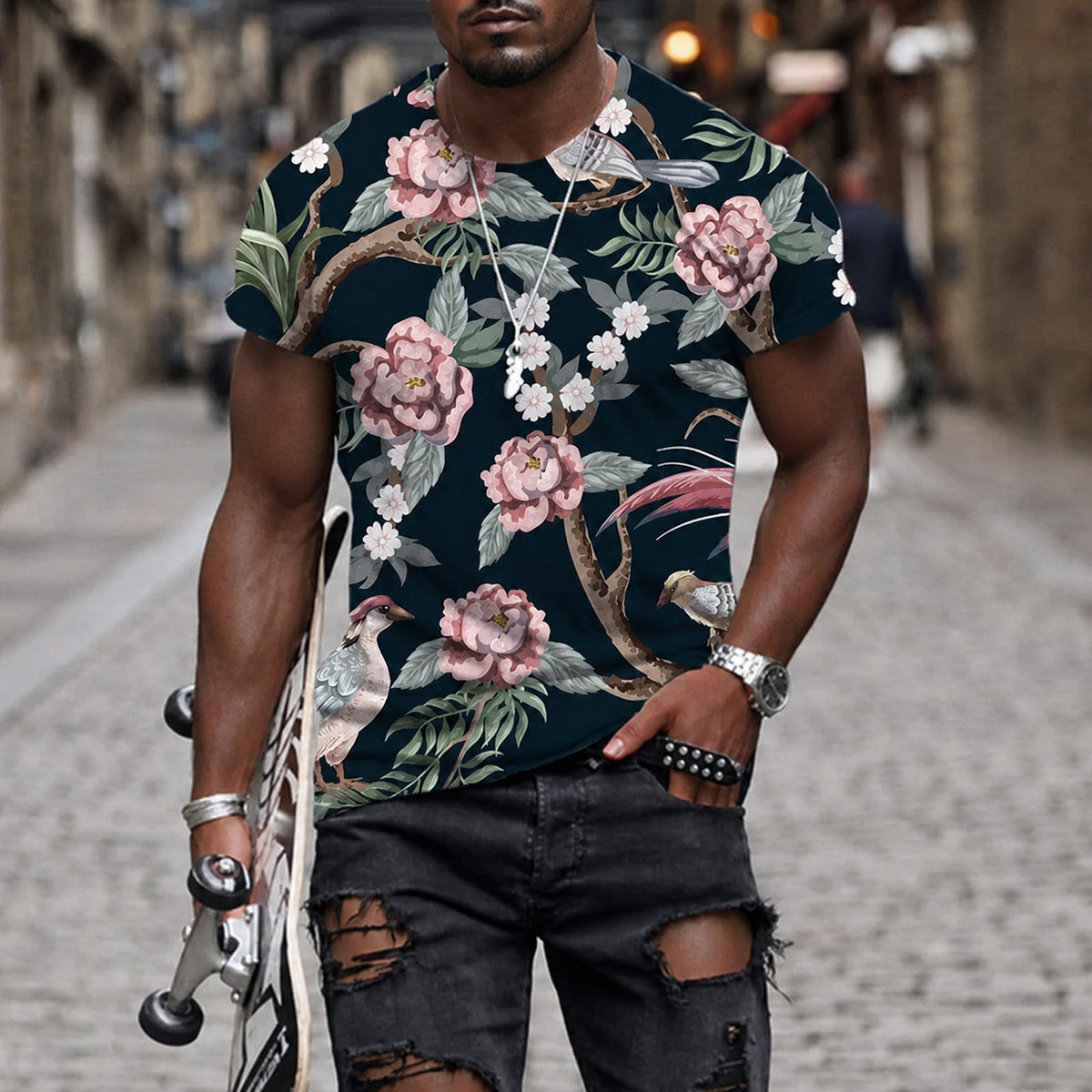 Men's Crew Neck Short Sleeve Botanical Bird Print T-Shirt