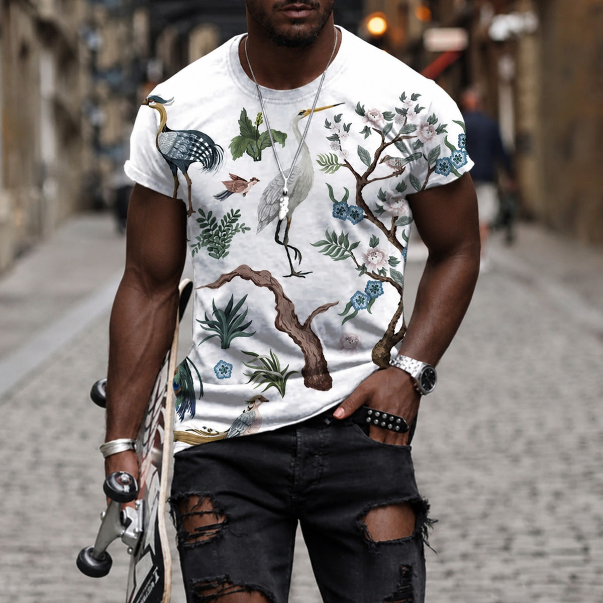 Men's Crew Neck Short Sleeve Botanical Bird Print T-Shirt