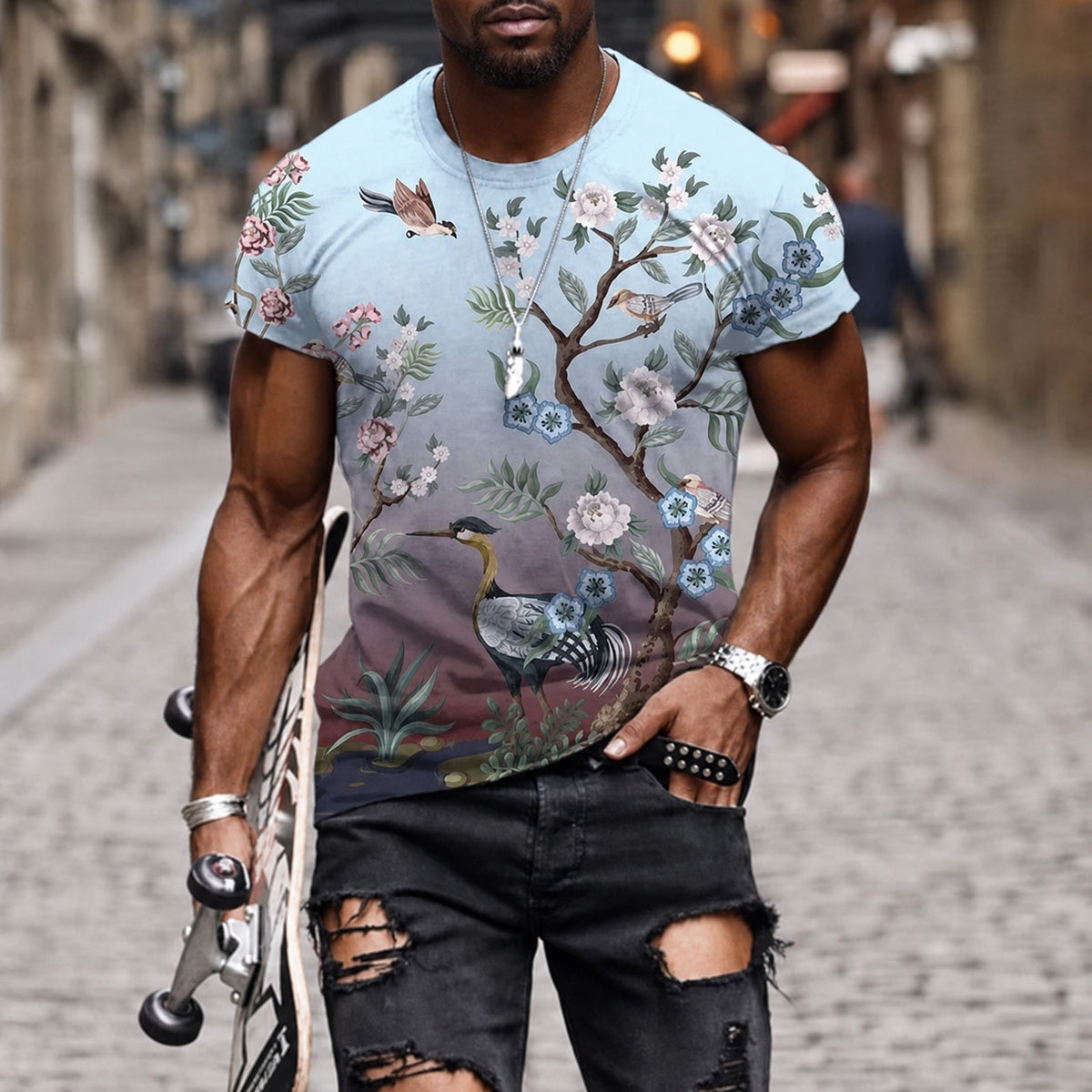 Men's Crew Neck Short Sleeve Botanical Bird Print T-Shirt
