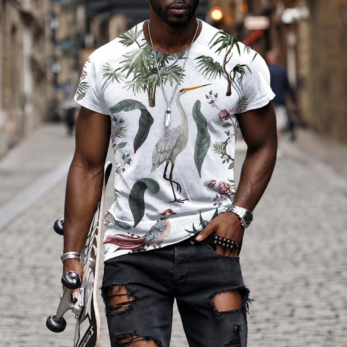 Men's Crew Neck Short Sleeve Botanical Bird Print T-Shirt
