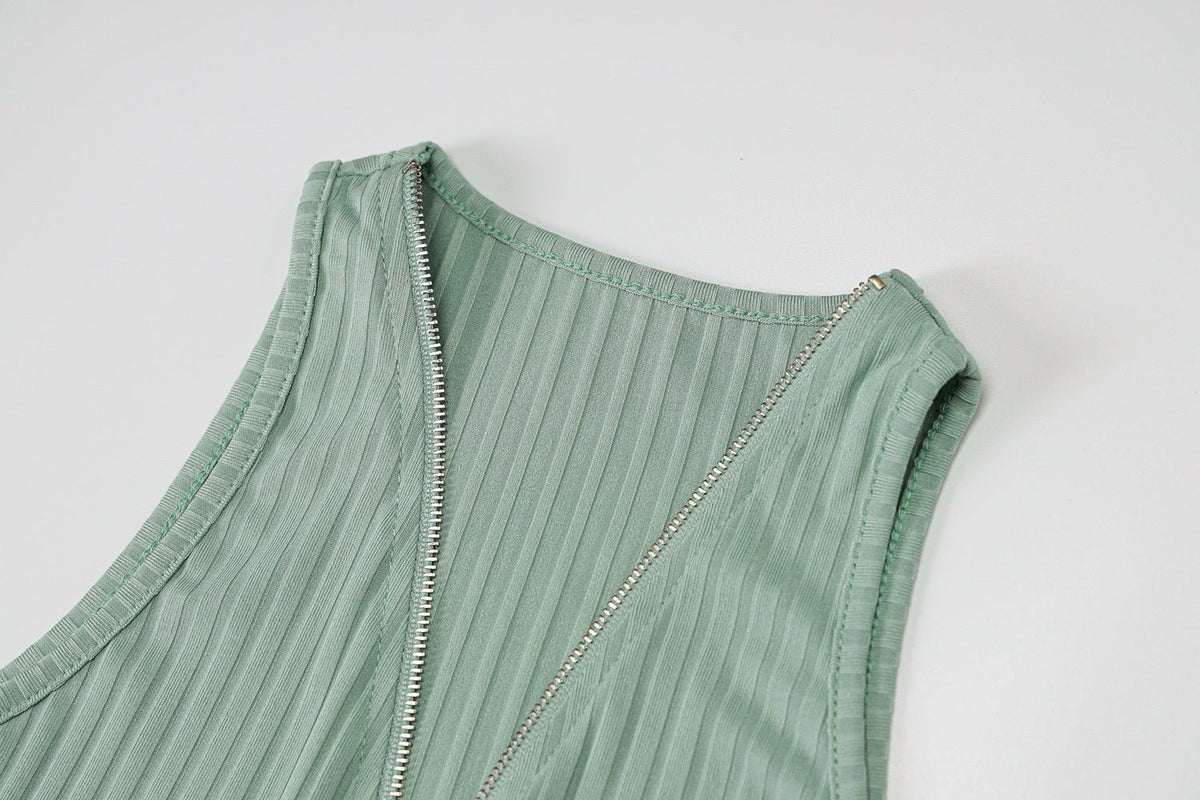 Ribbed Sleeveless Mini Dress with Front Zip and Plunging Neckline