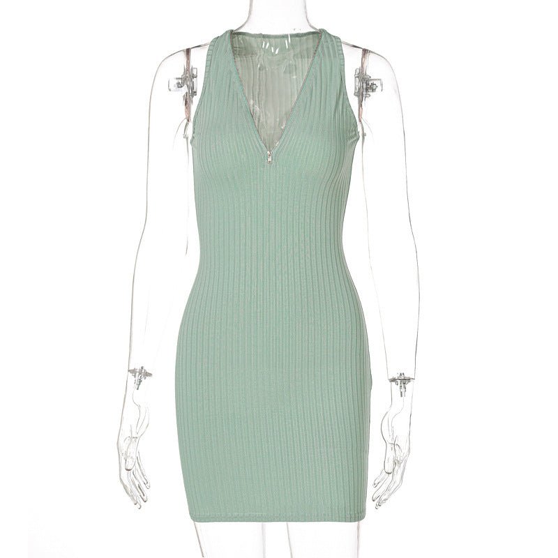 Ribbed Sleeveless Mini Dress with Front Zip and Plunging Neckline