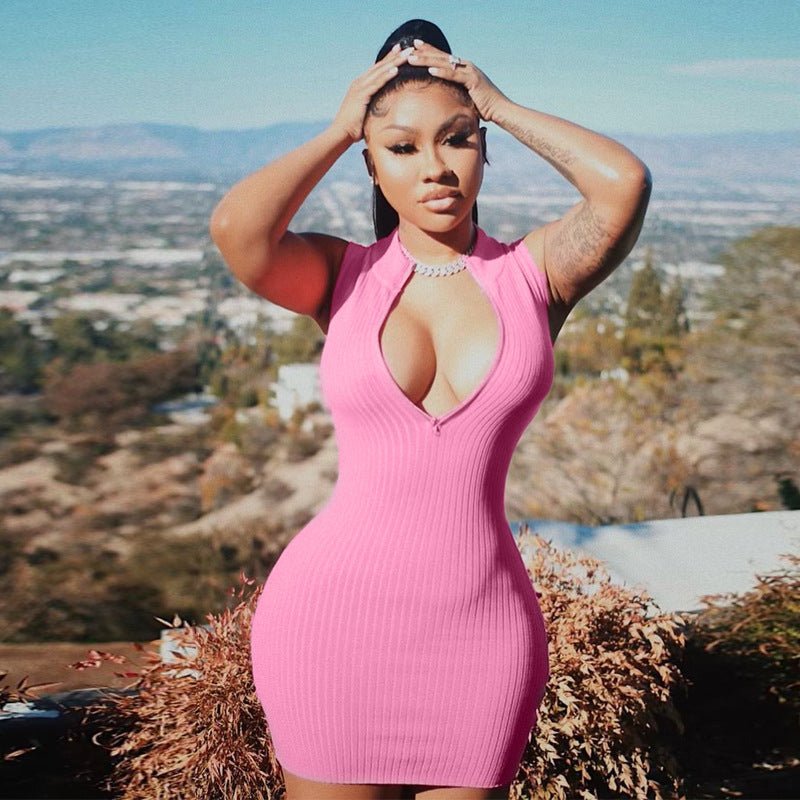 Ribbed Sleeveless Mini Dress with Front Zip and Plunging Neckline