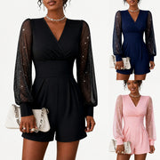 Women's V Neck Wrap Front Jumpsuit with Sheer Puff Sleeves