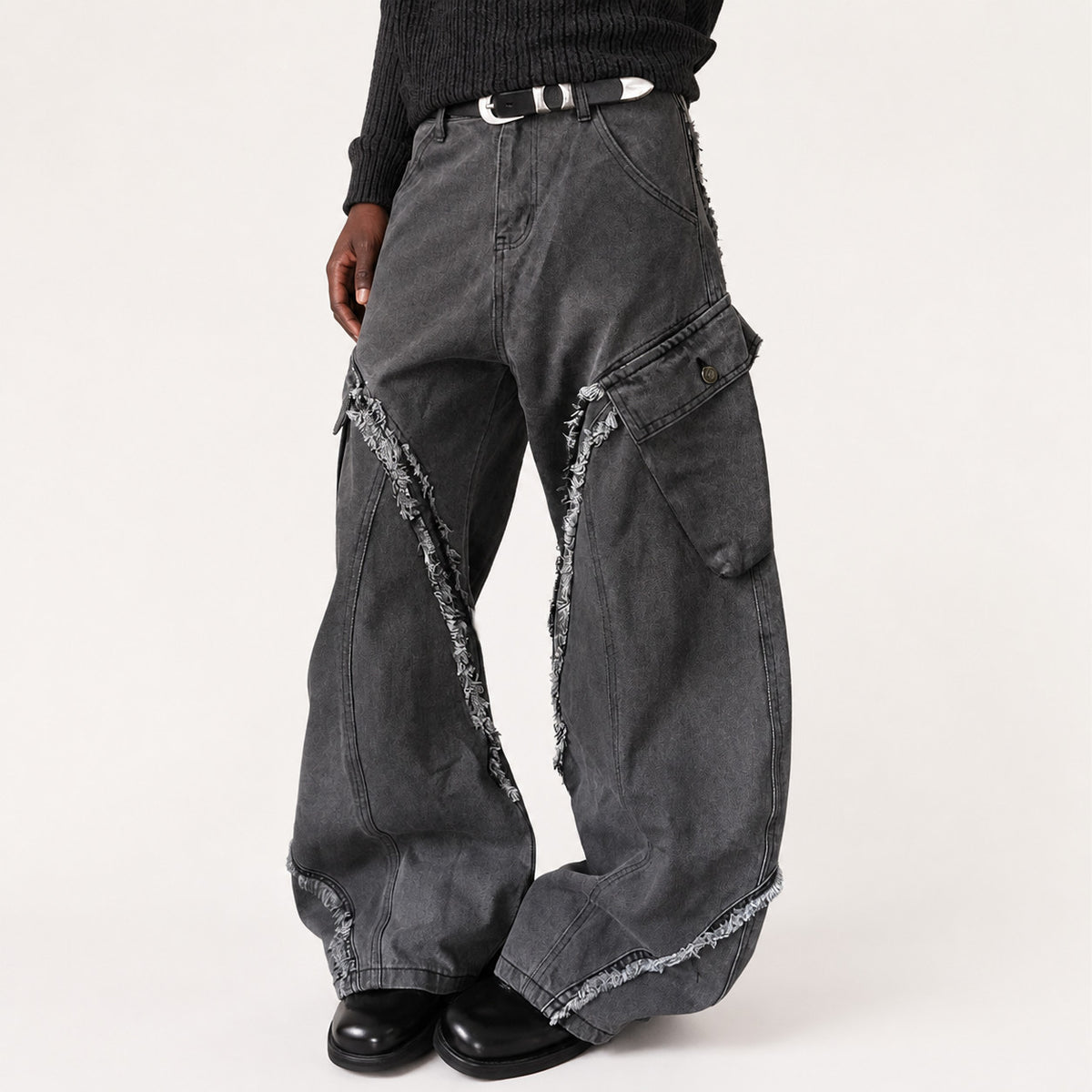 Men's Wide Leg Cargo Pants with Distressed Paneling