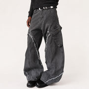 Men's Wide Leg Cargo Pants with Distressed Paneling