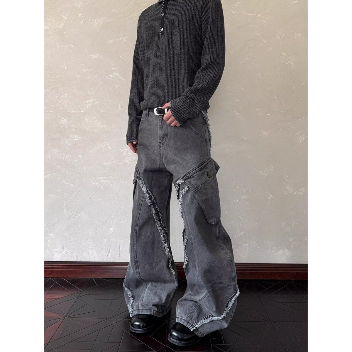 Men's Wide Leg Cargo Pants with Distressed Paneling