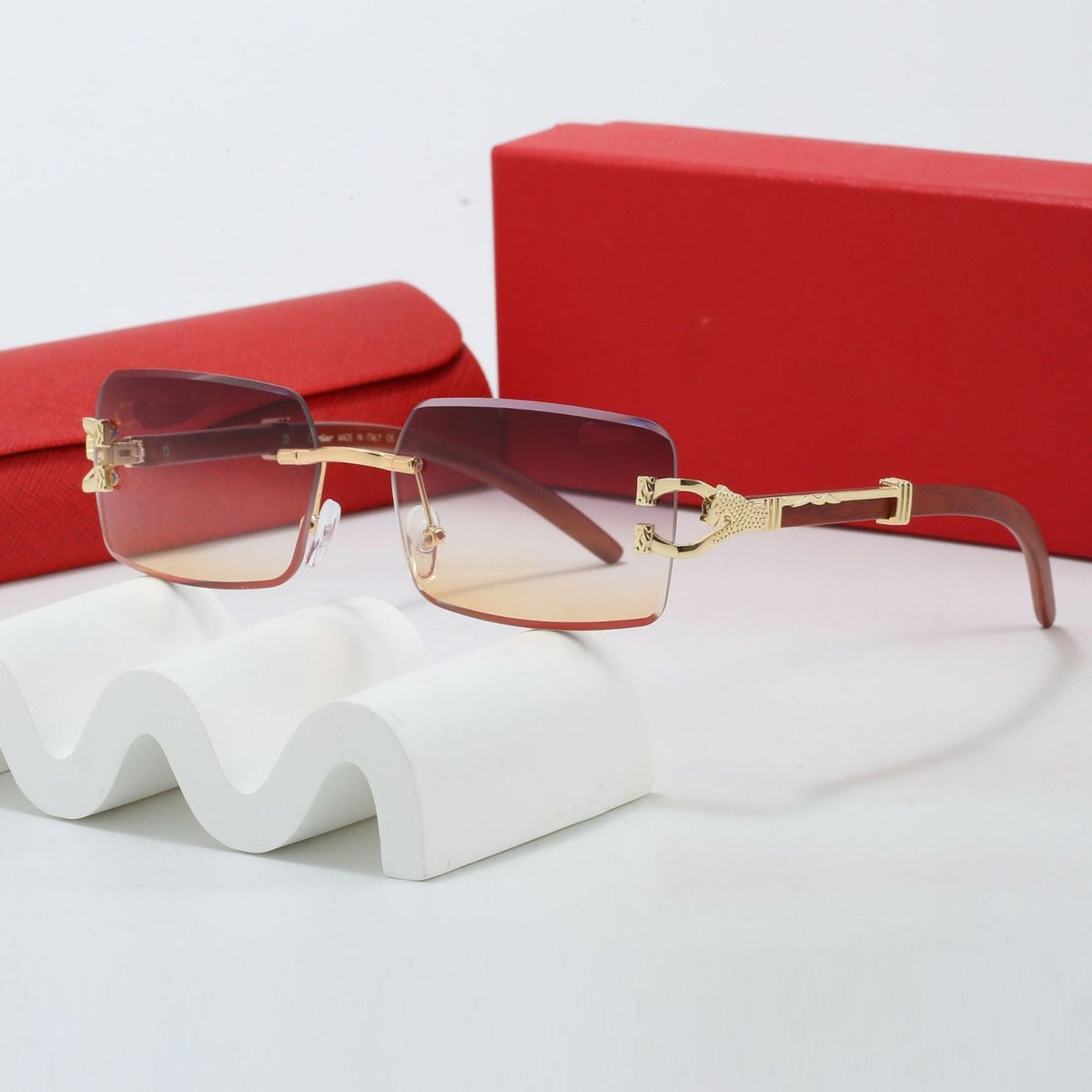 Rimless Square Sunglasses with Decorative Temple Details and UV400 Protection