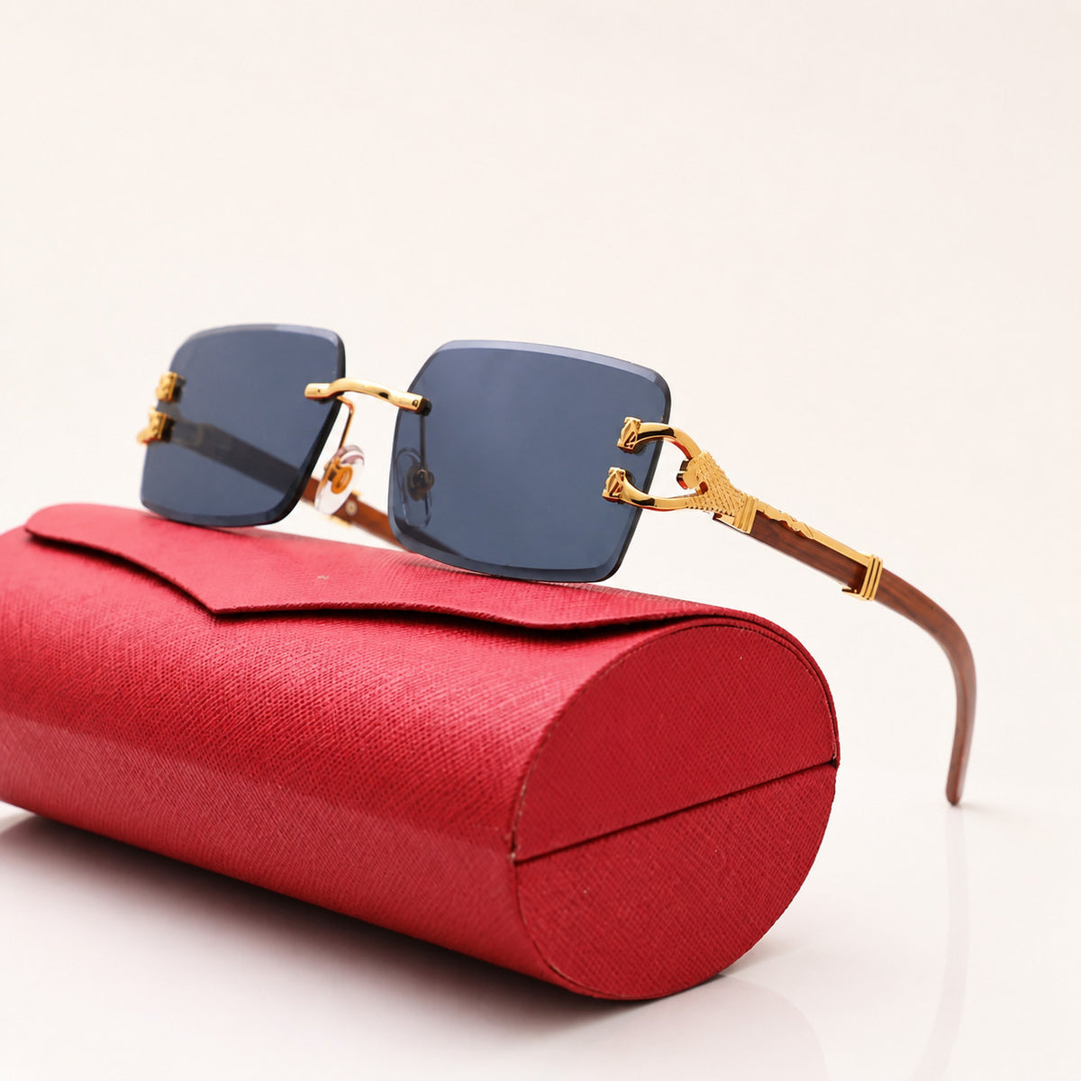 Rimless Square Sunglasses with Decorative Temple Details and UV400 Protection