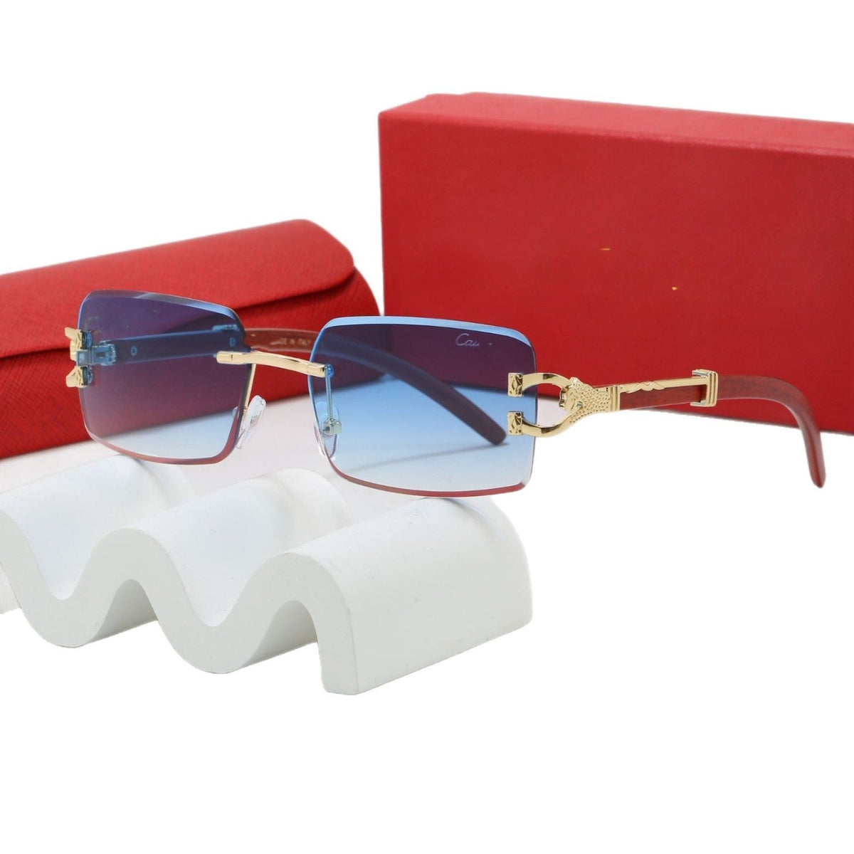 Rimless Square Sunglasses with Decorative Temple Details and UV400 Protection