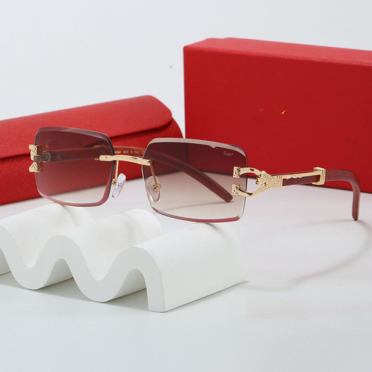 Rimless Square Sunglasses with Decorative Temple Details and UV400 Protection