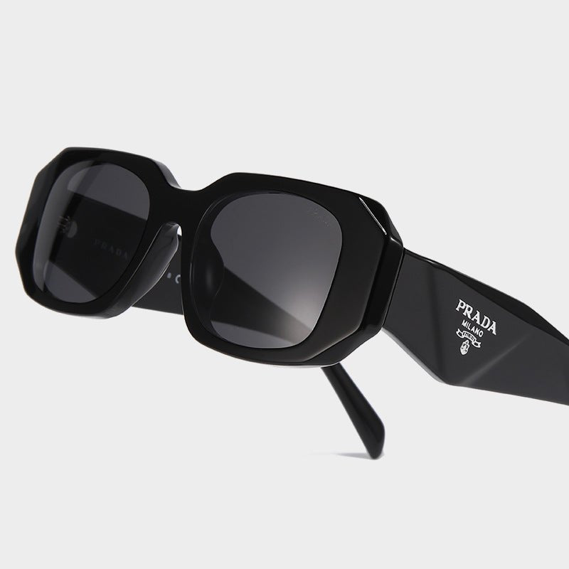 Black square frame sunglasses with Prada logo, HD dark lenses, and UV400 protection for driving.