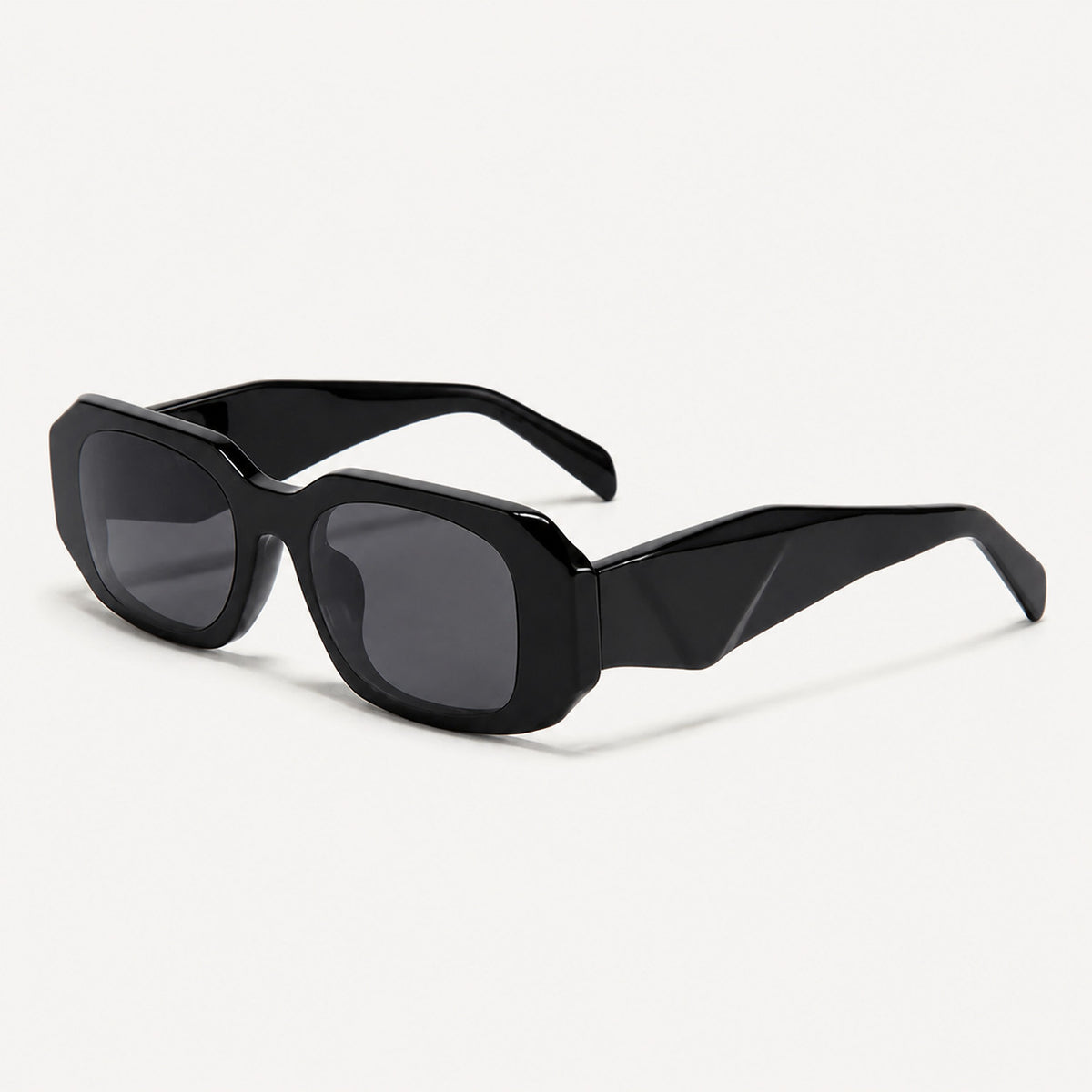 Black square frame Prada sunglasses with dark lenses and white logo on temple for UV400 protection and driving.