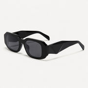 Black square frame Prada sunglasses with dark lenses and white logo on temple for UV400 protection and driving.