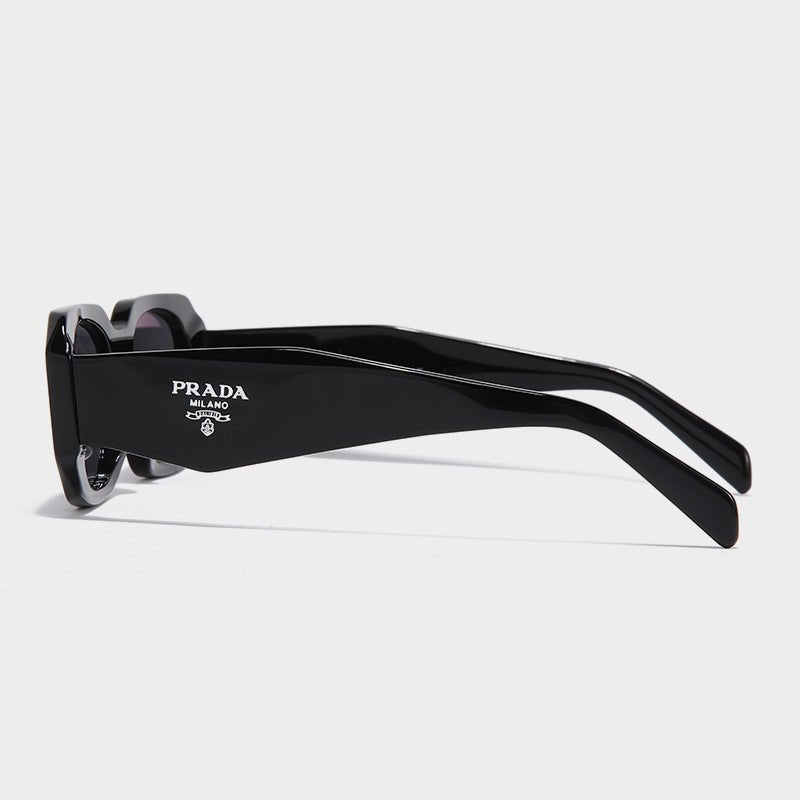Black square frame sunglasses with Prada Milano logo on temple. HD UV400 lenses for driving and premium sun protection.