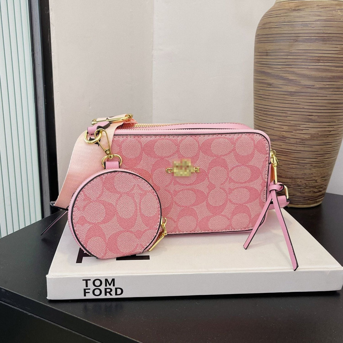 Patterned Crossbody Bag Set with Adjustable Strap and Round Zipper Pouch