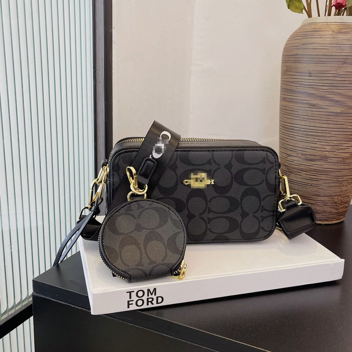 Patterned Crossbody Bag Set with Adjustable Strap and Round Zipper Pouch