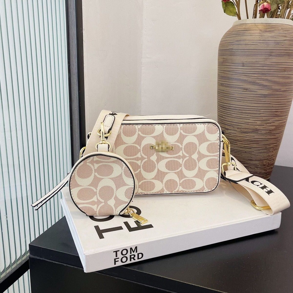 Patterned Crossbody Bag Set with Adjustable Strap and Round Zipper Pouch