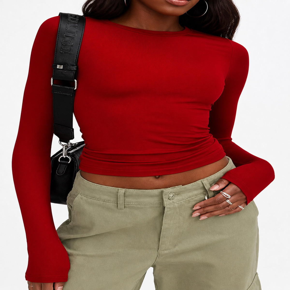 Women's Ruched Slim Fit Cropped Long Sleeve Round Neck Top