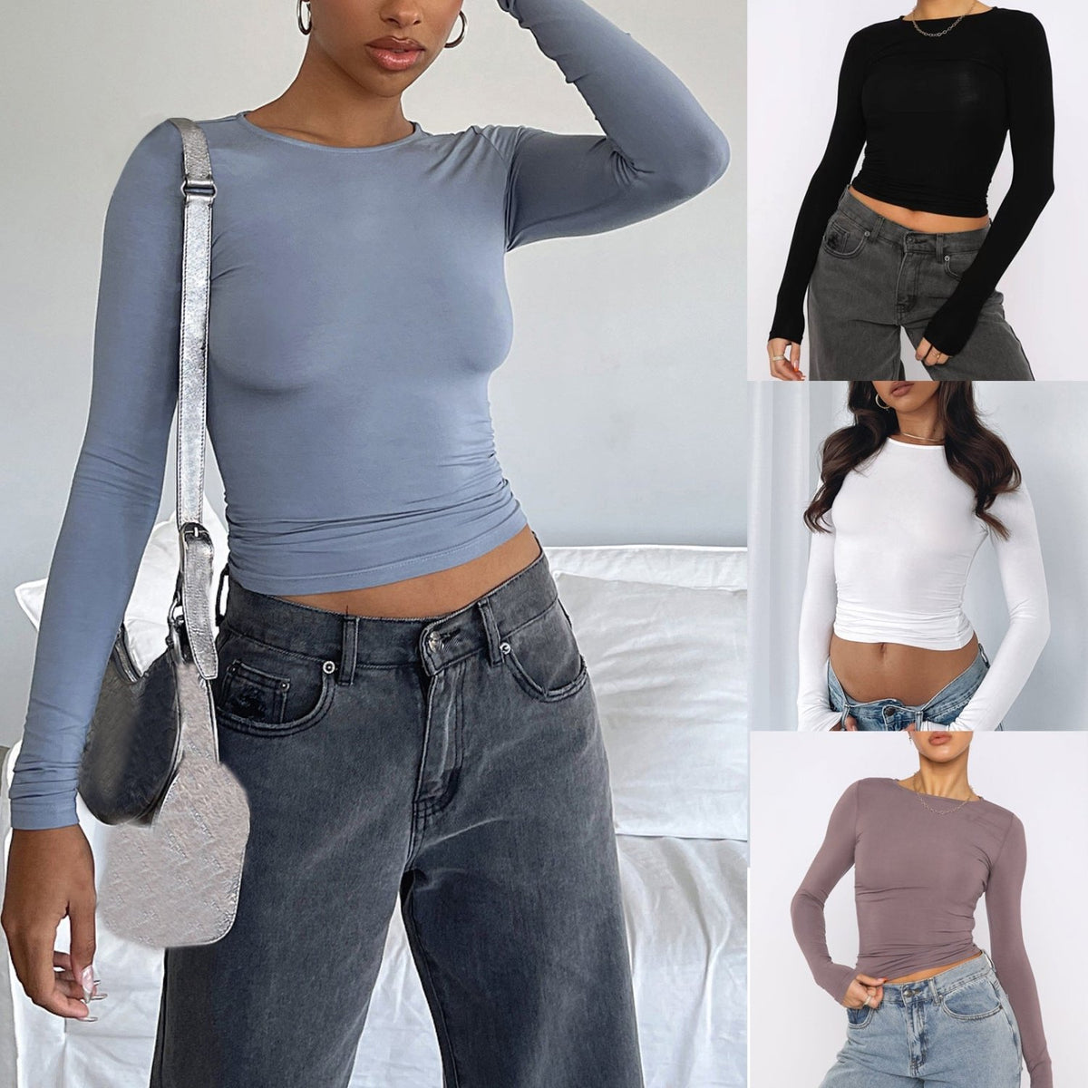 Women's Ruched Slim Fit Cropped Long Sleeve Round Neck Top